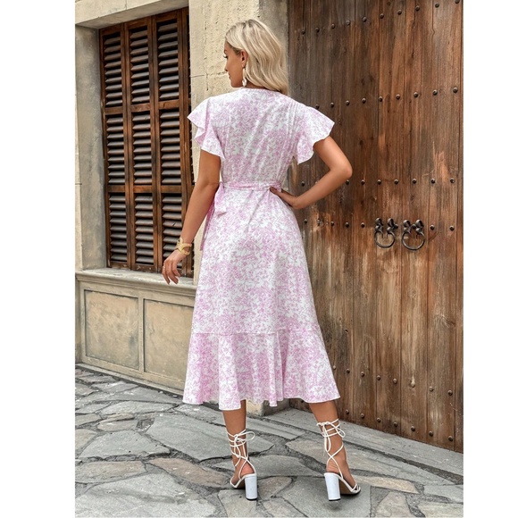 Boho Pink on White Floral V neck Ruffle Midi Dress Wrap Style Short Sleeve - Picture 5 of 9